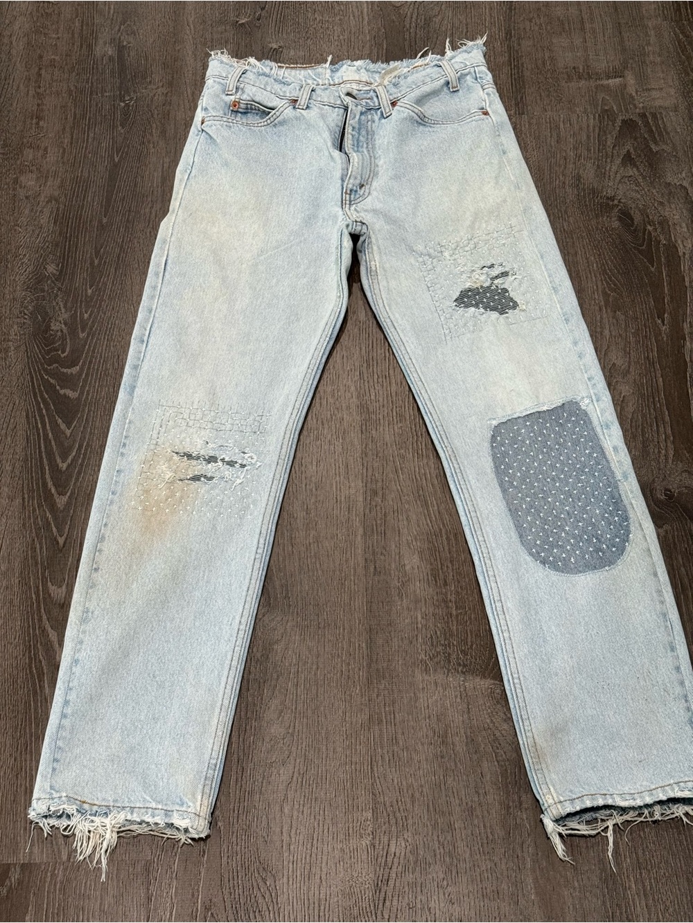 Vintage orange tab Y2K Light Blue Distressed Men’s Jeans with Patch Detail